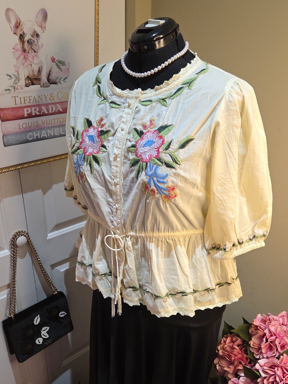 Nwt XL,L,M Jennifer&Grace Embroidered Cream/yellow  Peplum Tie-Waist Blouse - Picture 12 of 17